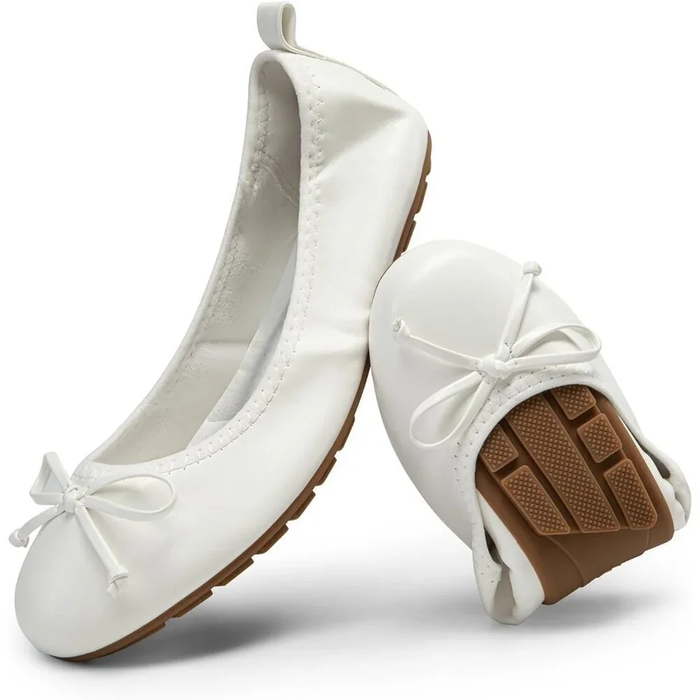 Women's White Bowknot Round Toe Comfort Light Weight Slip-on Foldable Flats